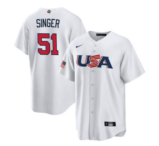 Men's USA Baseball #51 Brady Singer 2023 White World Baseball Classic Replica Stitched Jersey